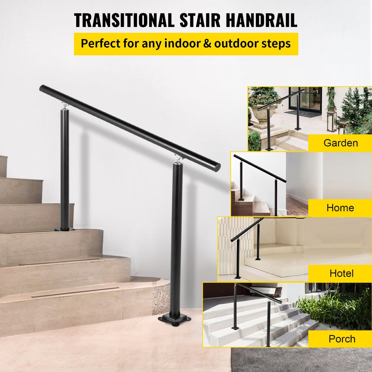 Outdoor Stair Railing Kit - 3 ft Adjustable Handrail for 1-3 Steps, Black Aluminum