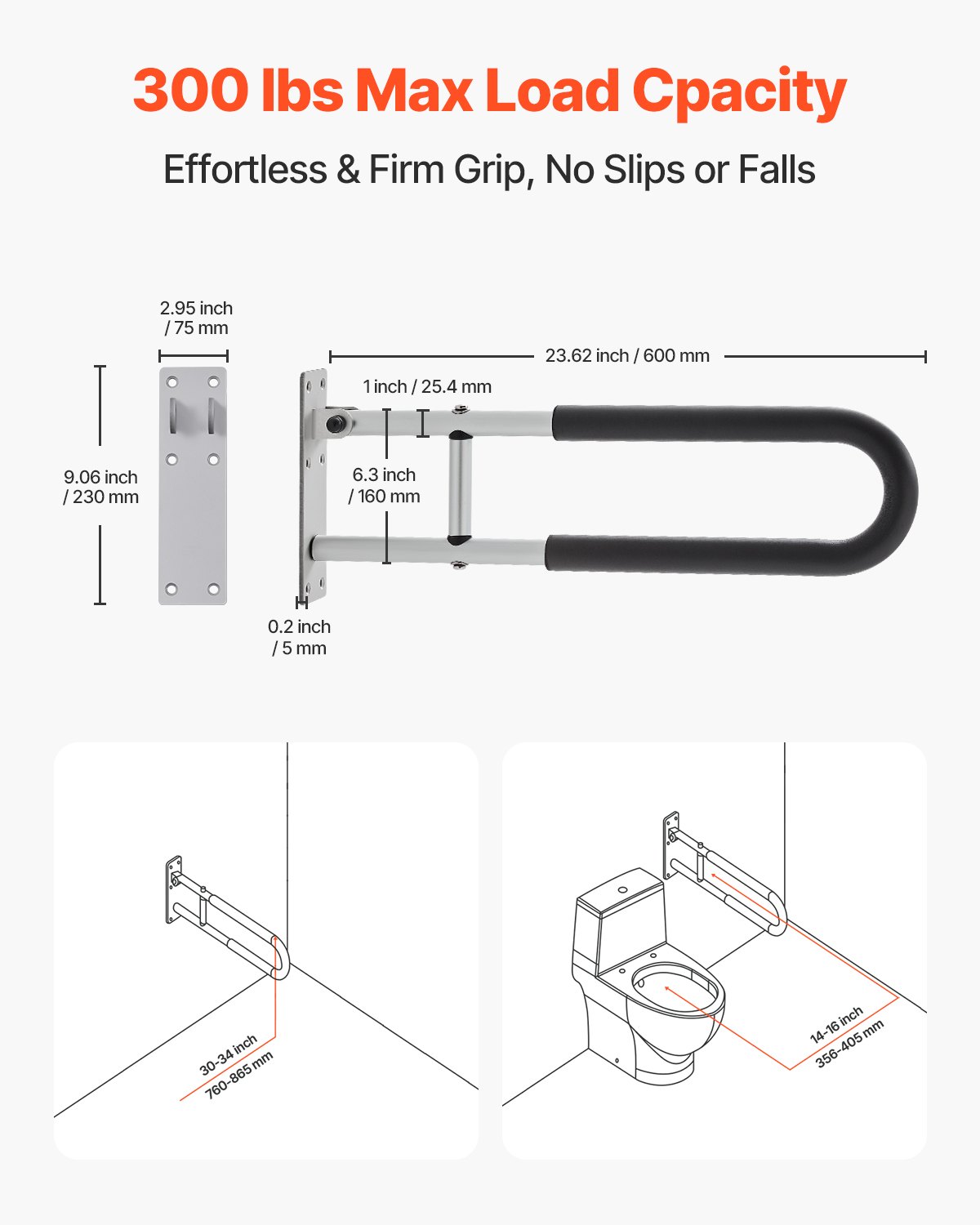 Toilet Safety Rail - Foldable U-Shaped Grab Bar, 300 lbs Capacity, Anti-Slip
