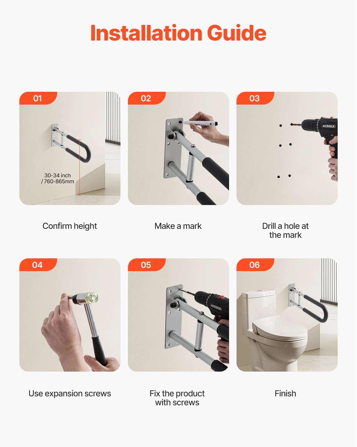 Toilet Safety Rail - Foldable U-Shaped Grab Bar, 300 lbs Capacity, Anti-Slip