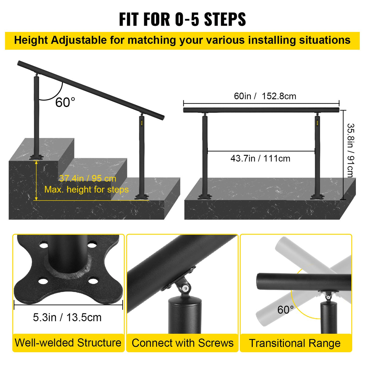 Outdoor Stair Railing Kit - 5 ft Adjustable Handrail for 0-5 Steps, Black Aluminum