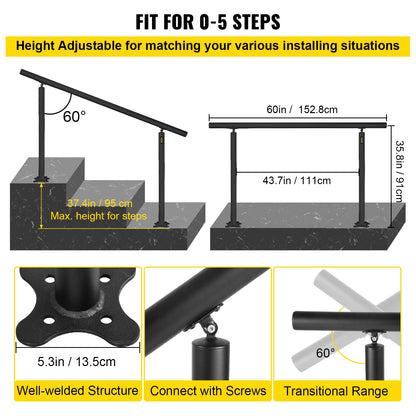 Outdoor Stair Railing Kit - 5 ft Adjustable Handrail for 0-5 Steps, Black Aluminum