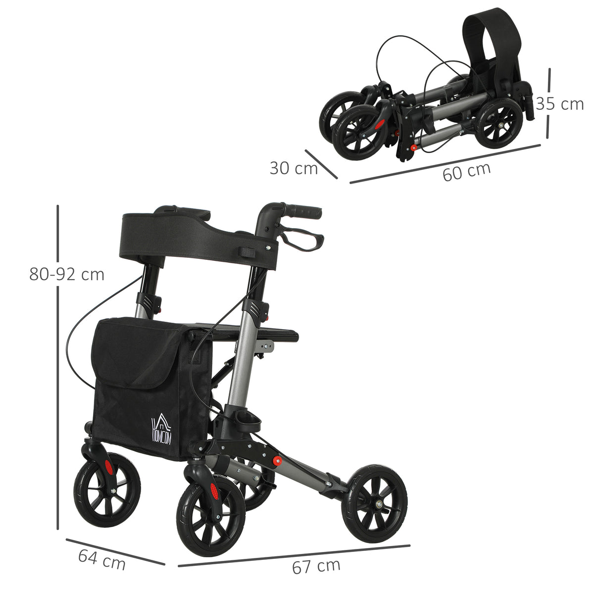 4-Wheel Rollator Walker with Seat and Back - Foldable, 300 lbs Capacity, Dual Brakes