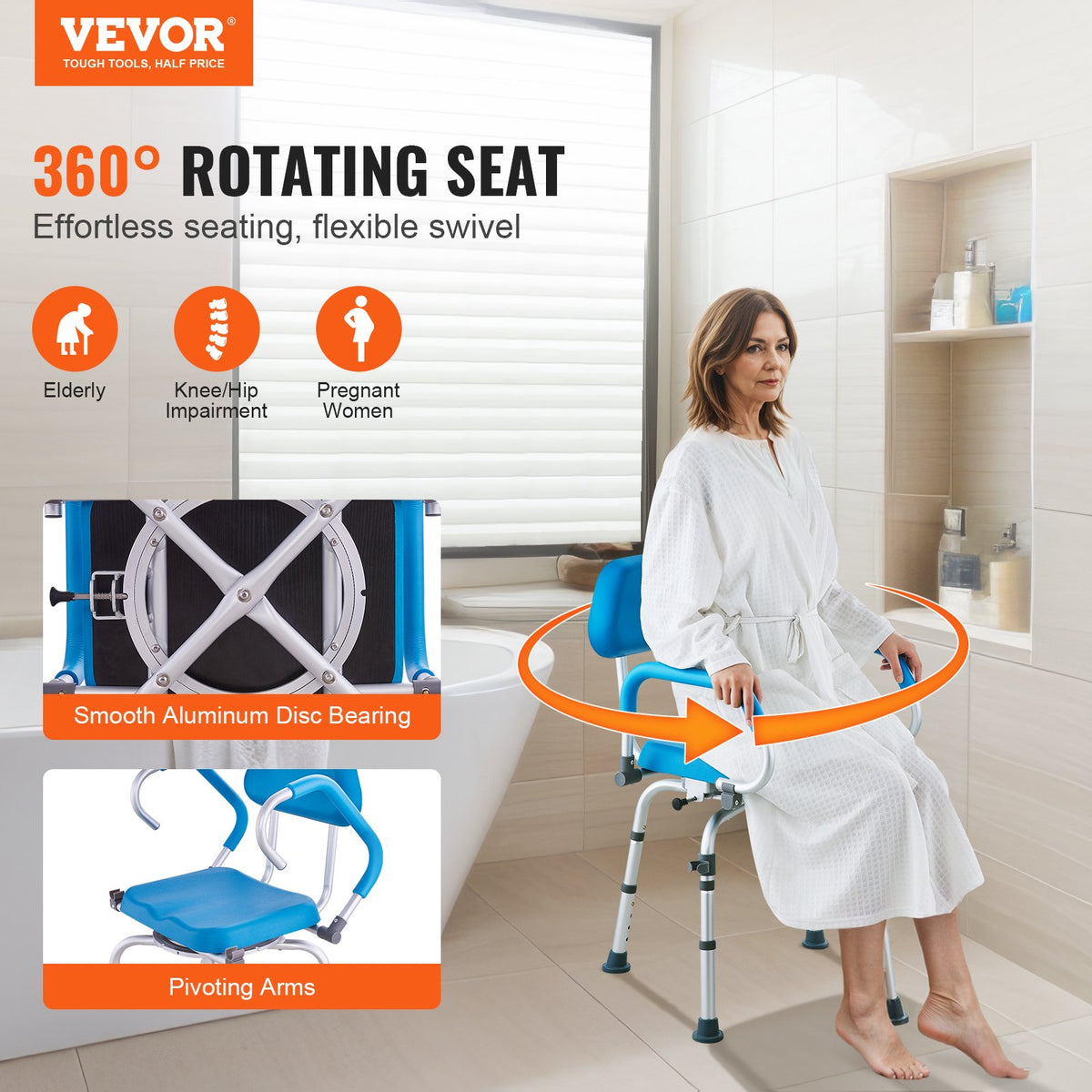 Swivel Shower Chair 360 Degree, Adjustable Shower Seat With Pivoting Arms & Padded Bath Seat For Inside Shower Or Tub, Non-Slip Rotating Bathtub Chair For Elderly Disabled, 300LBS Capacity