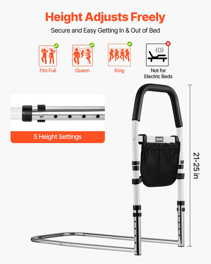 Bed Rail for Elderly - Adjustable Height Bedside Assist Rail, 300 lbs Capacity