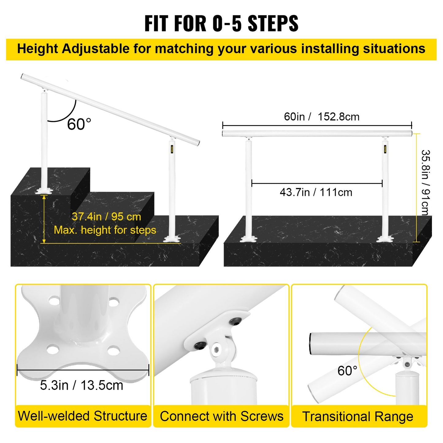 Outdoor Stair Railing Kit - 5 ft Adjustable Handrail for 0-5 Steps, White Aluminum