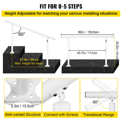 Outdoor Stair Railing Kit - 5 ft Adjustable Handrail for 0-5 Steps, White Aluminum