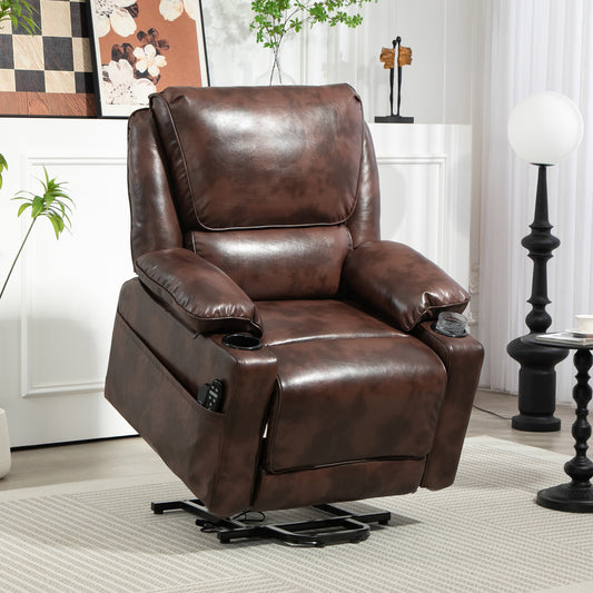 Power Lift Chair - Faux Leather Recliner, Massage & Heat, Brown